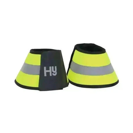 Bright yellow hy equestrian reflector over reach boots with gray stripes black trim made of fluorescent neoprene