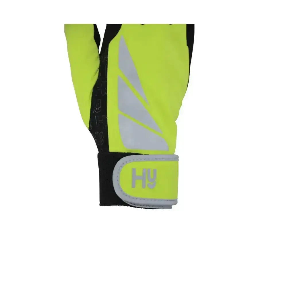Bright yellow hy equestrian reflector riding gloves with black accents and reflective detailing improves visibility on back side