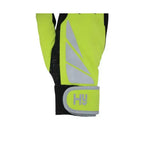 Bright yellow hy equestrian reflector riding gloves with black accents and reflective detailing improves visibility on back side