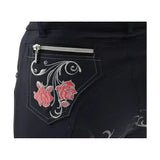 Black hy equestrian regatta ladies breeches featuring exquisite embroidered pink roses and silver swirls on back pocket