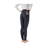 Back view of dark navy hy equestrian regatta ladies breeches featuring exquisite pink and silver floral embroidery on pocket