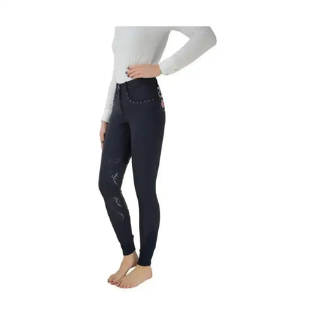 Black hy equestrian regatta ladies breeches featuring exquisite silver floral embroidery and studded pocket detail