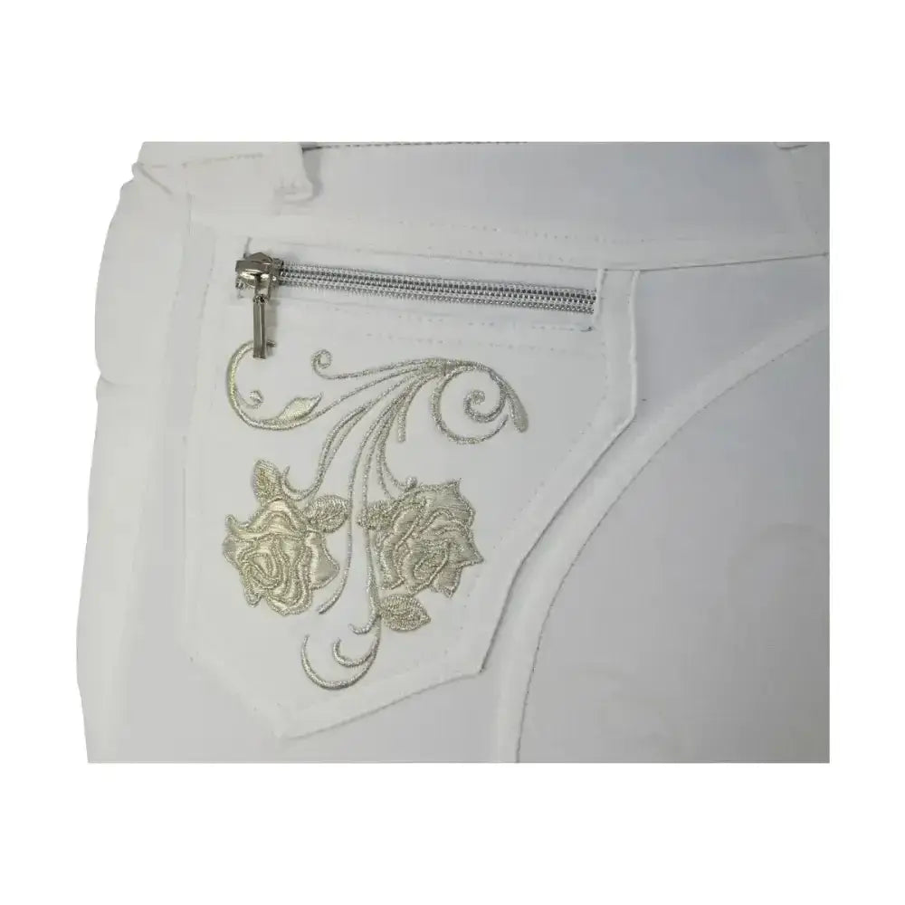 White denim hy equestrian regatta ladies breeches featuring exquisite embroidered gold floral pocket and silver zipper
