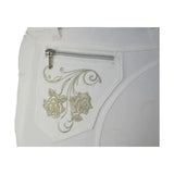 White denim hy equestrian regatta ladies breeches featuring exquisite embroidered gold floral pocket and silver zipper