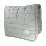 Gray quilted hy equestrian reversible comfort pad with white and pink hy speed logo and extra thickness for riding