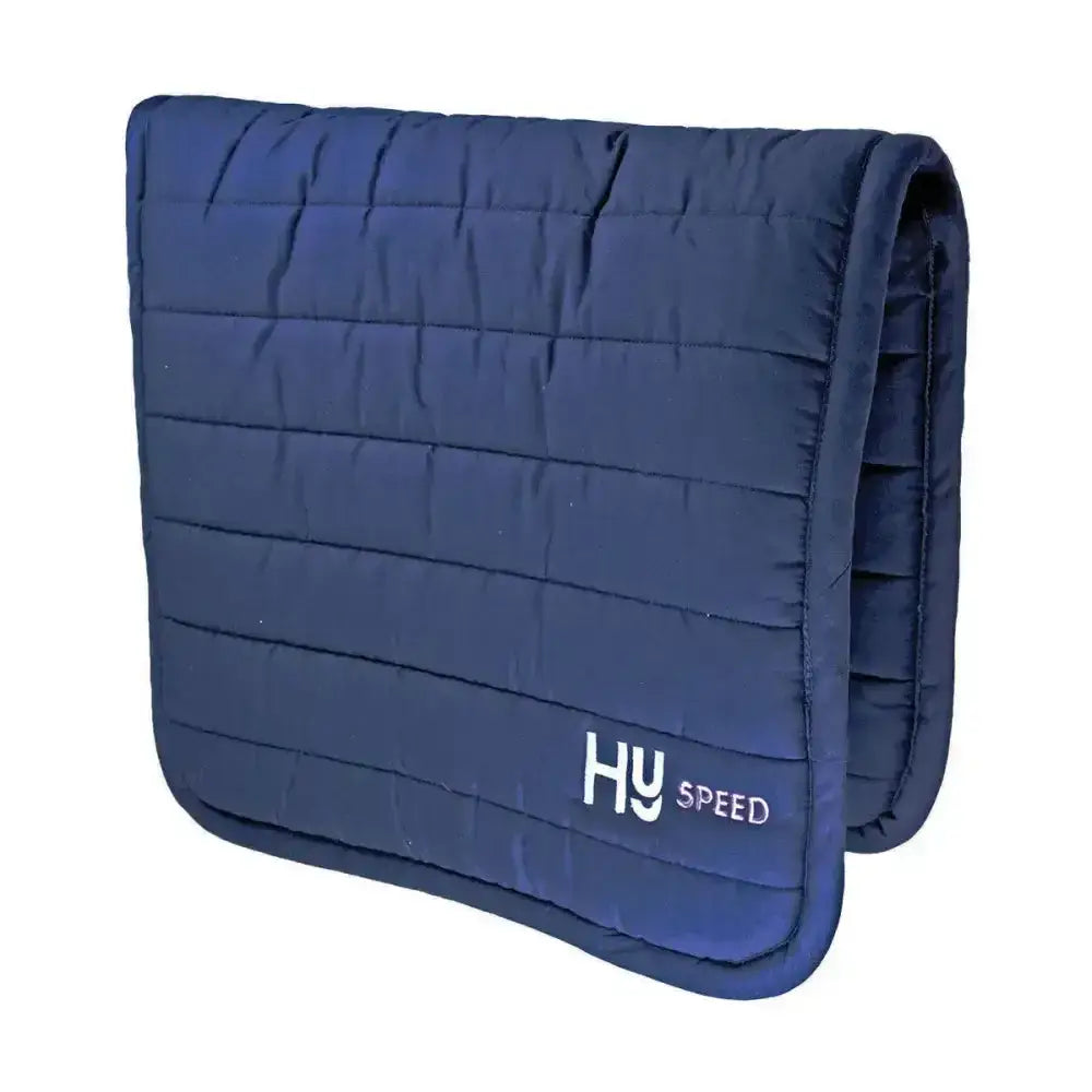 Navy blue quilted hy equestrian reversible comfort pad with extra thickness and hy speed logo embroidered in white