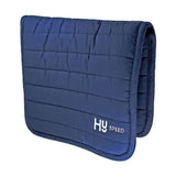 Navy blue quilted hy equestrian reversible comfort pad with extra thickness and hy speed logo embroidered in white