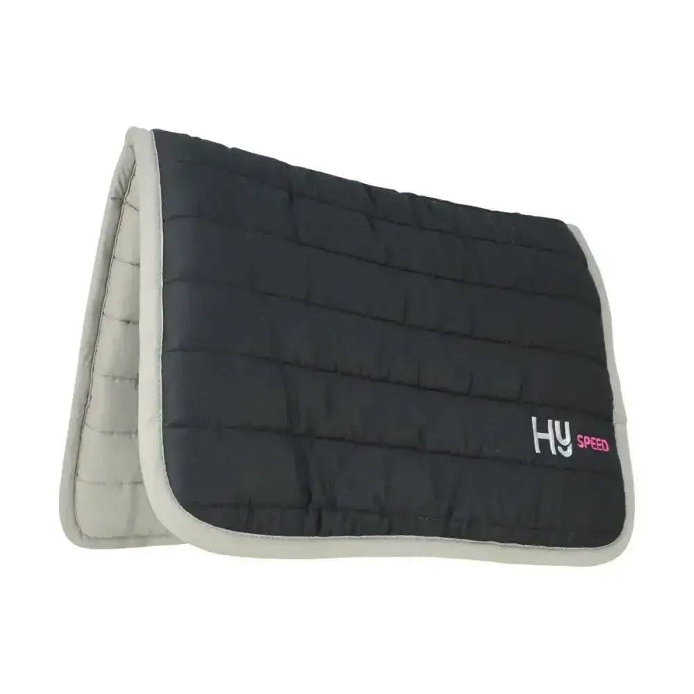 Black quilted hy equestrian reversible two colour saddle pad with light gray border and hy speed logo in white and pink