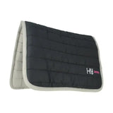 Black quilted hy equestrian reversible two colour saddle pad with light gray border and hy speed logo in white and pink