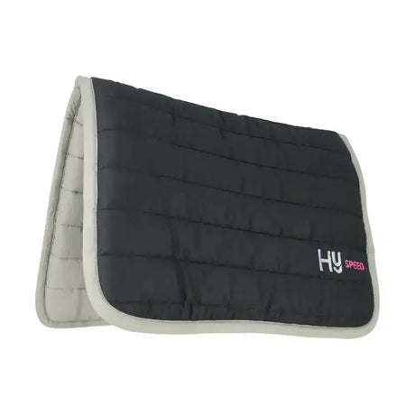 Black quilted hy equestrian reversible two colour saddle pad with light gray border and hy speed logo in white and pink