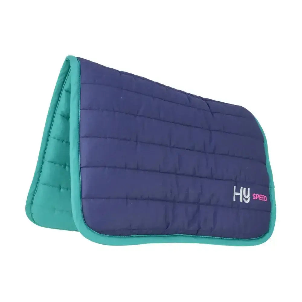 Navy blue and teal quilted hy equestrian reversible two colour saddle pad with hy speed branding for horses