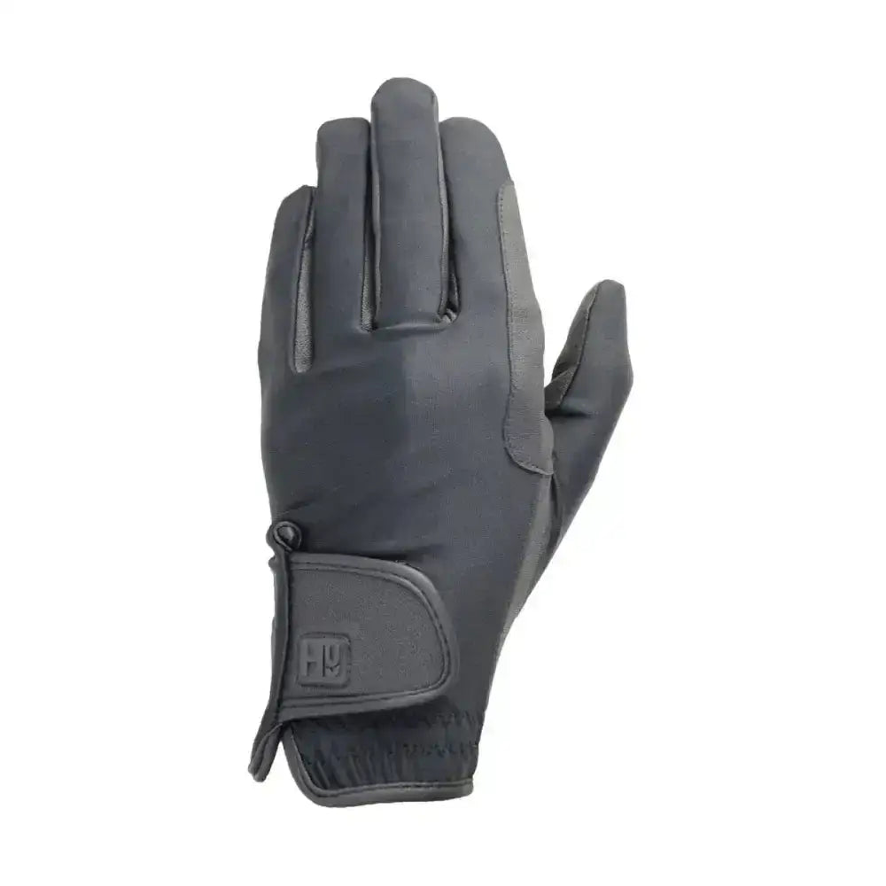 Black leather hy equestrian riding gloves with reinforced stitching and branded wrist strap keep hands warm and protected whilst riding