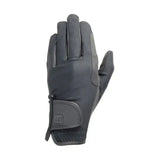 Black leather hy equestrian riding gloves with reinforced stitching and branded wrist strap keep hands warm and protected whilst riding