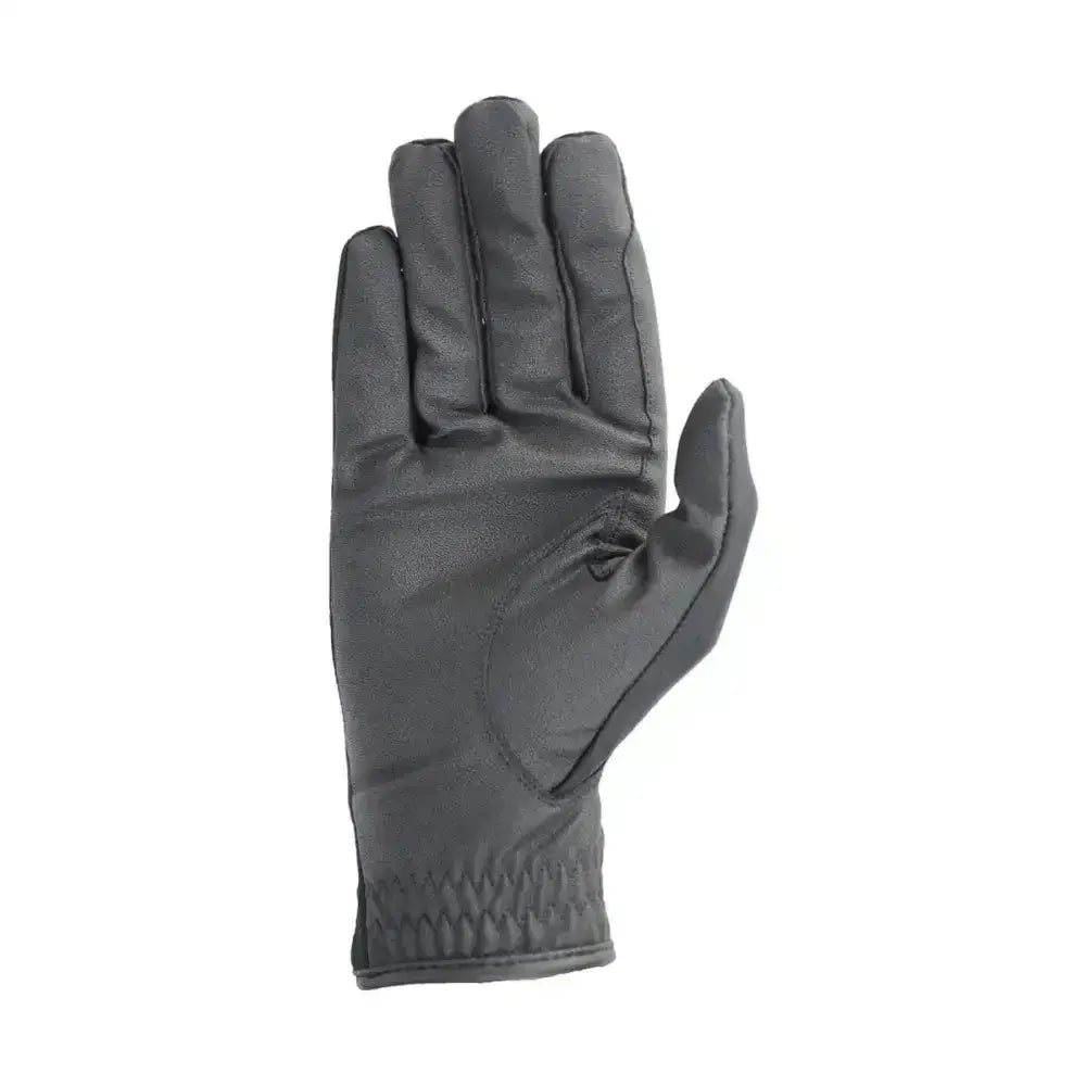 Black leather hy equestrian riding gloves with reinforced stitching and snug elastic wristband to keep hands warm and protected whilst riding