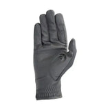 Black leather hy equestrian riding gloves with reinforced stitching and snug elastic wristband to keep hands warm and protected whilst riding