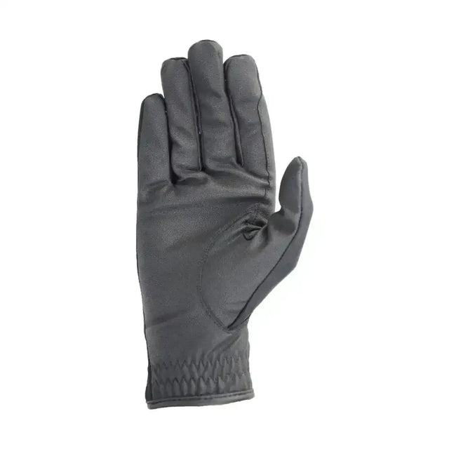Black leather hy equestrian riding gloves with reinforced stitching and snug elastic wristband to keep hands warm and protected whilst riding
