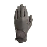 Gray hy equestrian riding gloves with reinforced fingers and velcro strap to keep hands warm and protected whilst riding