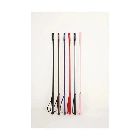 Six equestrian riding whip crops in black brown purple red and pink with leather handles and matching handle keepers