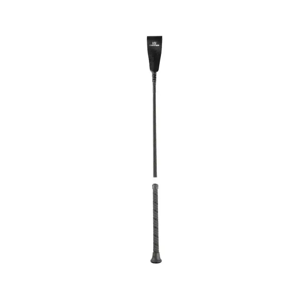 Black leather equestrian riding whip with spiral sure grip handle and colour braided shaft by hy equestrian