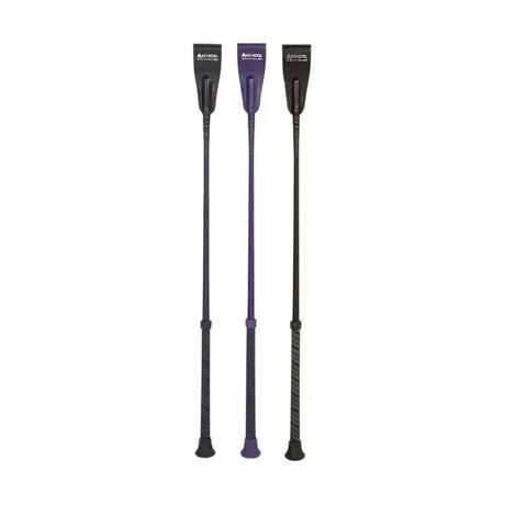 Three hy equestrian riding whips with riding whip spiral sure grip handle in black and purple color braided shaft