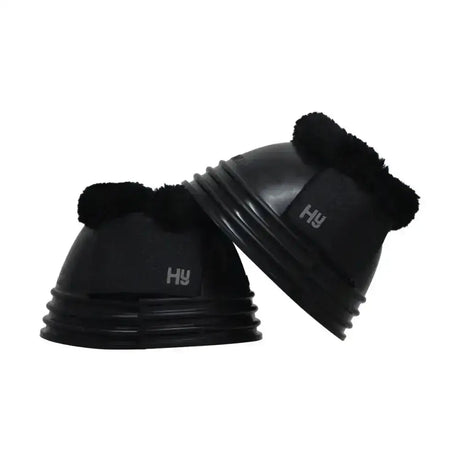 Black horse hoof boots with plush black hyimpact fleece topped lining and sleek ribbed design for equestrian use