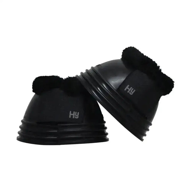Black horse hoof boots with plush black hyimpact fleece topped lining and sleek ribbed design for equestrian use