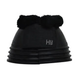 Black plastic hy equestrian ringed fleece topped over reach boot with fuzzy pom-poms on top