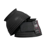 Black rubber hyimpact ringed reach boots with ribbed texture and branded tag for equestrian hoof protection