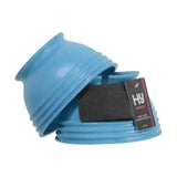 Blue plastic hyimpact ringed over reach boots with black rubber insert and branded hy equestrian tag