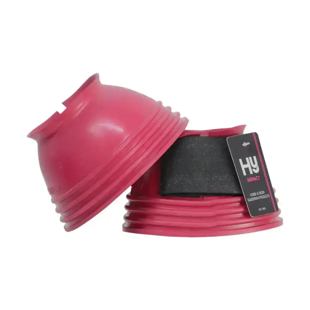 Pink hyimpact ringed plastic over reach boots with black foam insert and branded hy equestrian tag