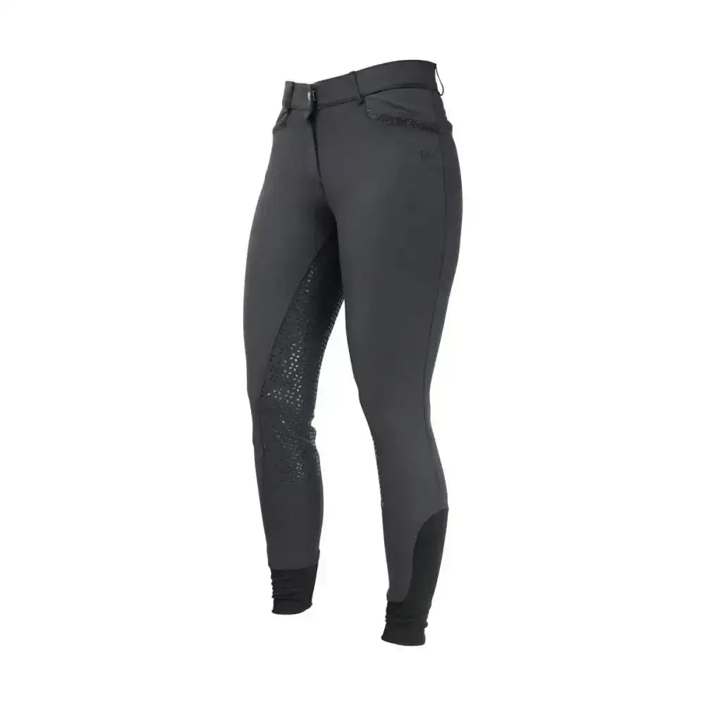 Black equestrian roka crystal breeches with sleek fit and breathable perforated panels plus black glitter strip detail