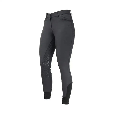 Black equestrian roka crystal breeches with sleek fit and breathable perforated panels plus black glitter strip detail