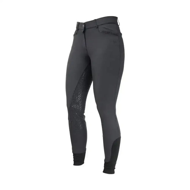Black equestrian roka crystal breeches with sleek fit and breathable perforated panels plus black glitter strip detail