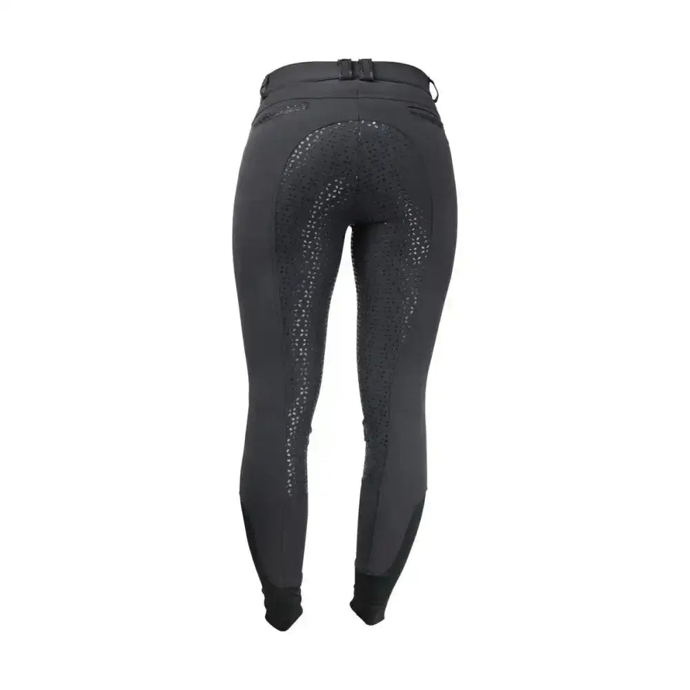 Black equestrian roka crystal breeches showing back with textured perforated design and black glitter strip accents