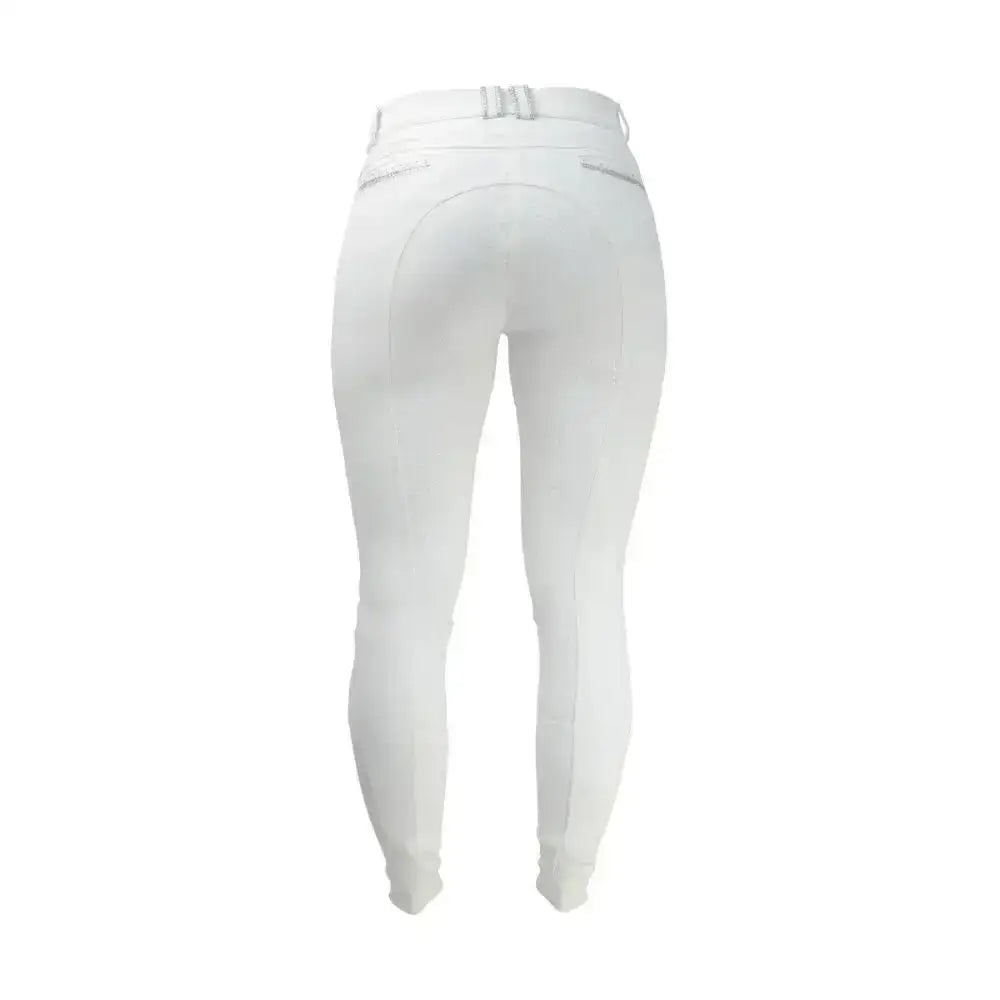 White equestrian roka crystal breeches with sleek fit, subtle stitching, and a stylish black glitter strip detail