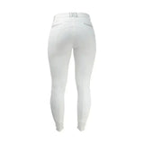 White equestrian roka crystal breeches with sleek fit, subtle stitching, and a stylish black glitter strip detail