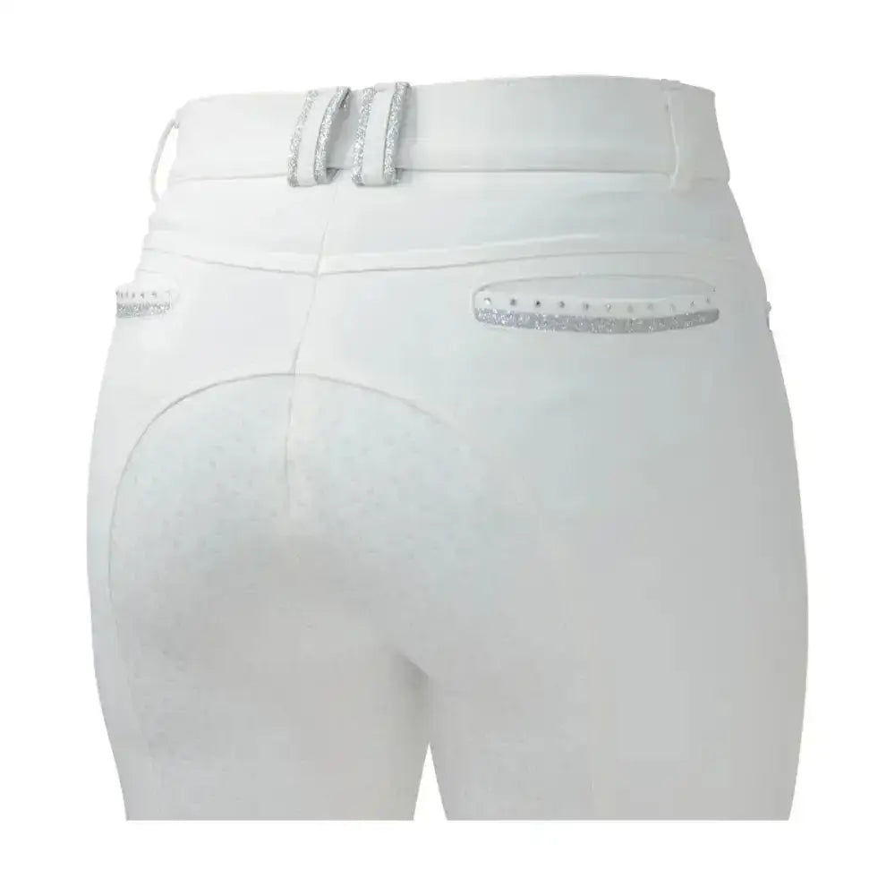 Back view of white hy equestrian roka crystal breeches with silver glitter trim on belt loops and back pockets