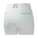 Back view of white hy equestrian roka crystal breeches with silver glitter trim on belt loops and back pockets