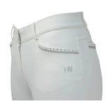 White equestrian roka crystal breeches with sleek tailored design silver glitter trim and subtle hy branding on pocket edge