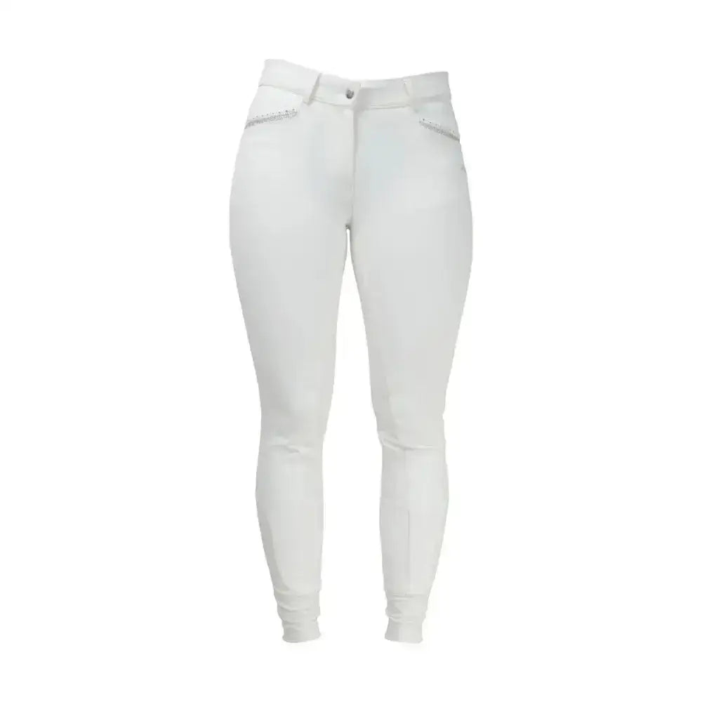 White roka crystal breeches with sleek fit and subtle stitching details perfect for equestrian roka crystal looks