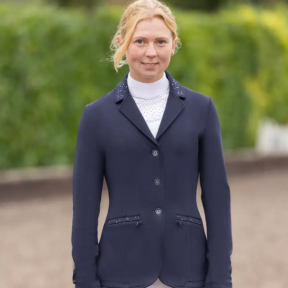 Navy blue hy equestrian roka regal show jacket with sparkling embellishments on collar and pocket edges