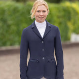 Navy blue hy equestrian roka regal show jacket with sparkling embellishments on collar and pocket edges