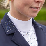 Navy blue equestrian roka regal show jacket with sparkling rhinestones on collar and polka-dotted inner shirt