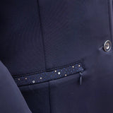 Navy blue hy equestrian roka regal show jacket with silver dark sequins and decorative zipper pull along the edge