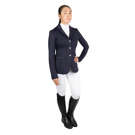 Navy blue equestrian roka regal show jacket with sparkling collar and pocket trim perfect for riding events
