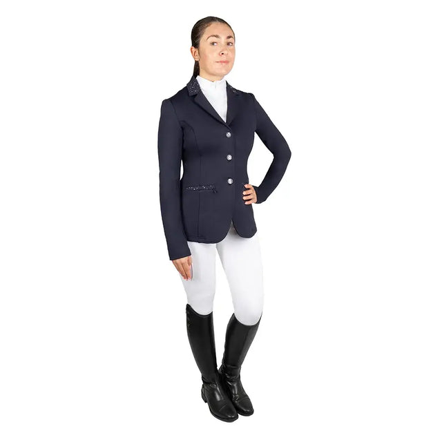 Navy blue equestrian roka regal show jacket with sparkling collar and pocket trim perfect for riding events
