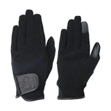 Black touchscreen roka riding gloves with reinforced fingertips and velcro strap for equestrian roka riding use