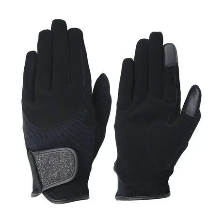 Black touchscreen roka riding gloves with reinforced fingertips and velcro strap for equestrian roka riding use