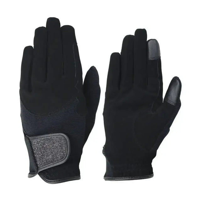 Black touchscreen roka riding gloves with reinforced fingertips and velcro strap for equestrian roka riding use