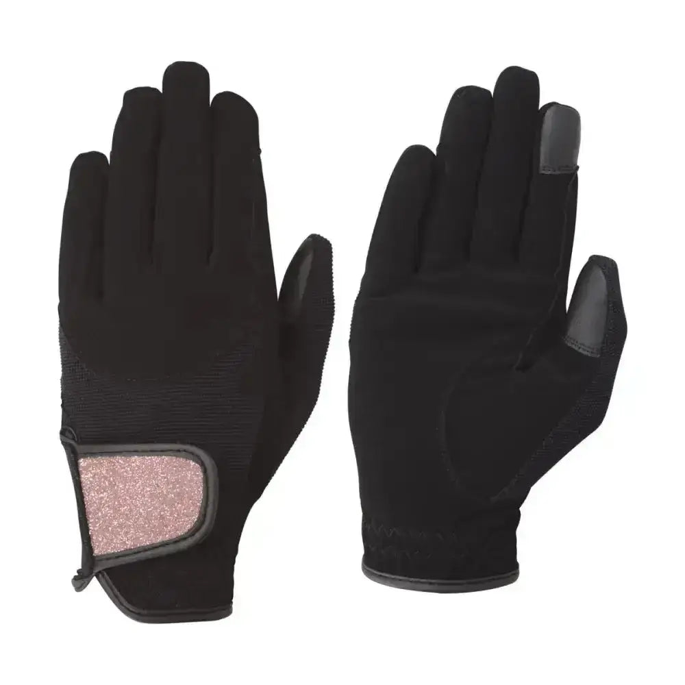 Black touchscreen roka riding gloves with pink glitter wrist strap and reinforced fingertips for glamorous riding gloves